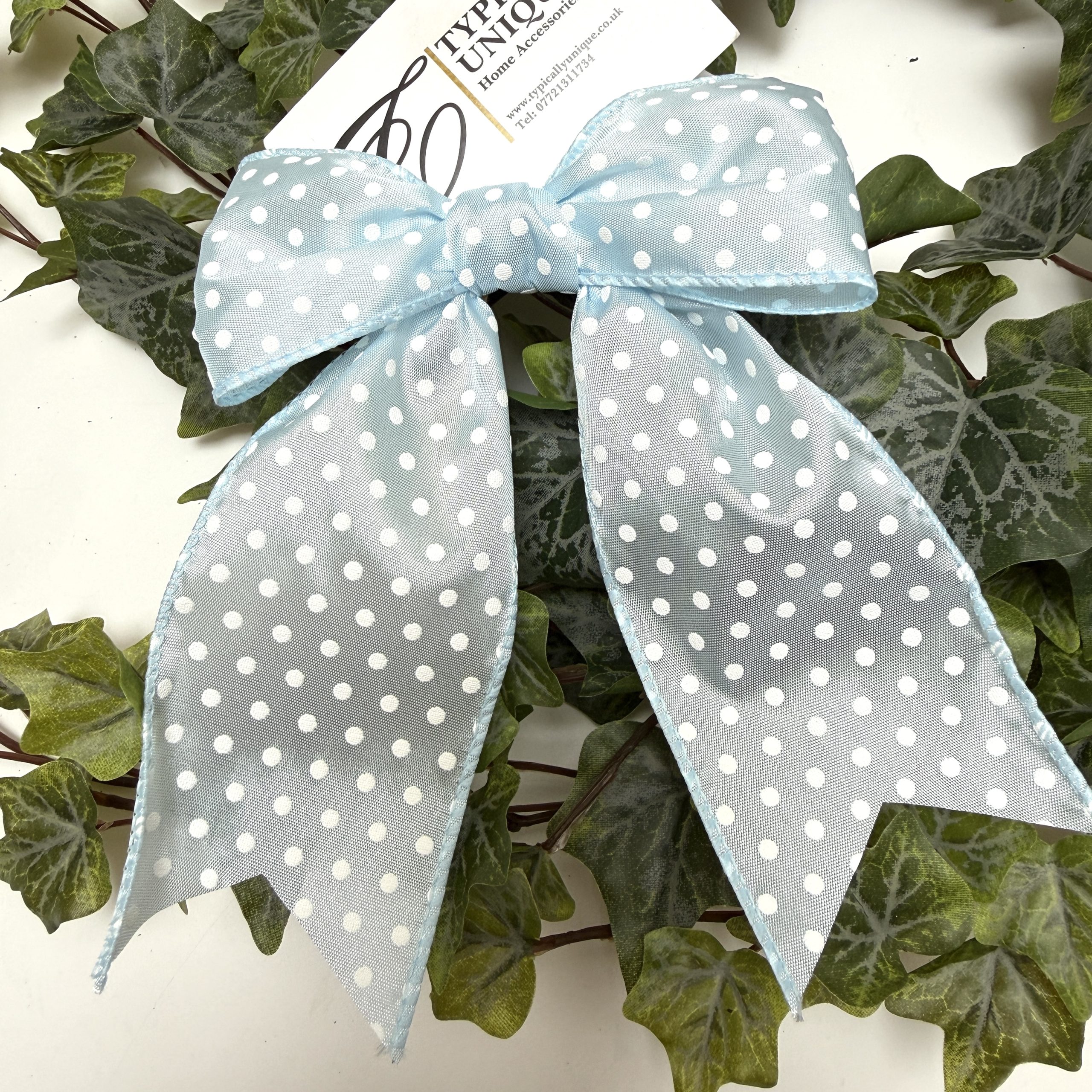 2 Pre-tied Wire Edged Pale Blue / White Polka Dot Bows 'Dee'