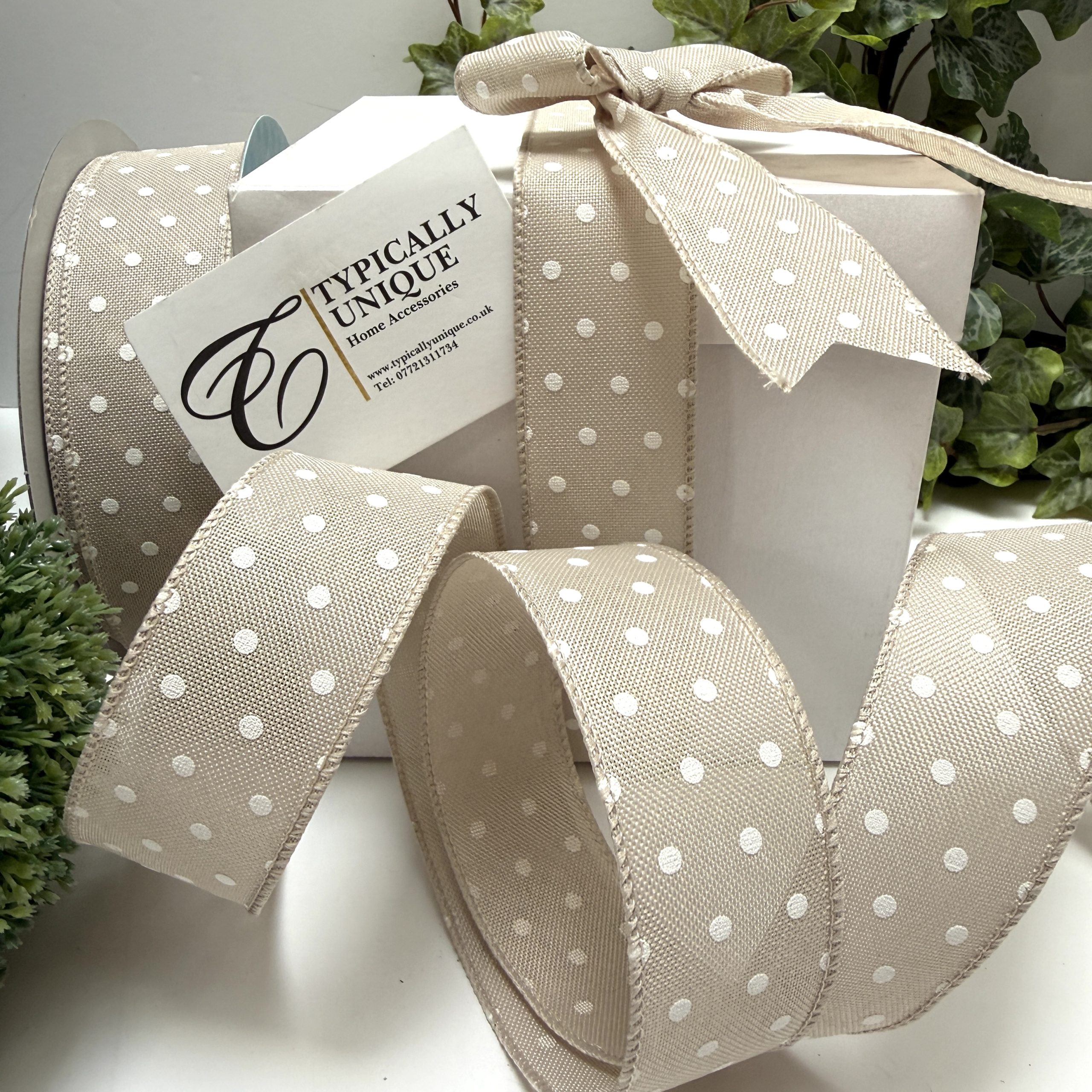 2 Pre-tied Wire Edged Beige White Polka Dot Bows 'Bria' - Image 2