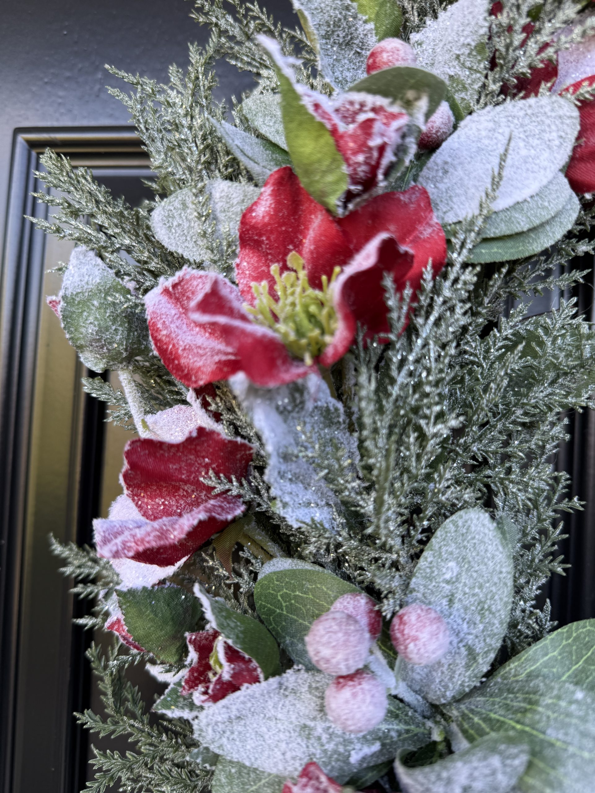 Frosted Christmas Artificial Red Hellebore Door Wreath - Image 2