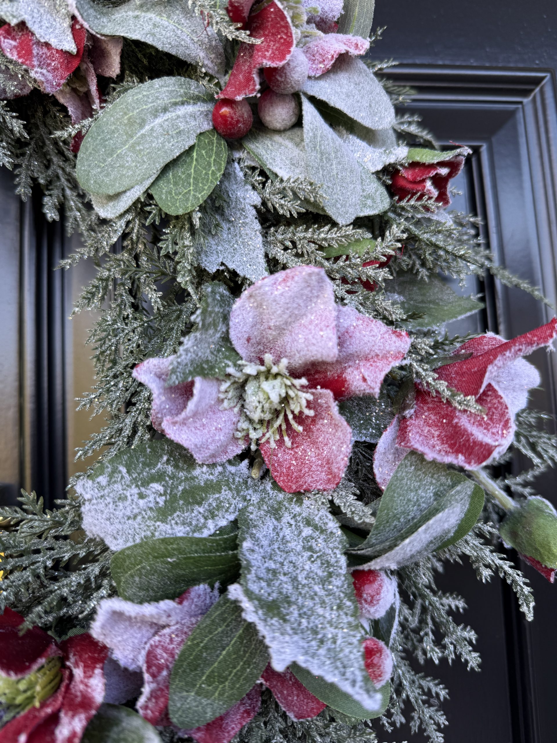 Frosted Christmas Artificial Red Hellebore Door Wreath - Image 3