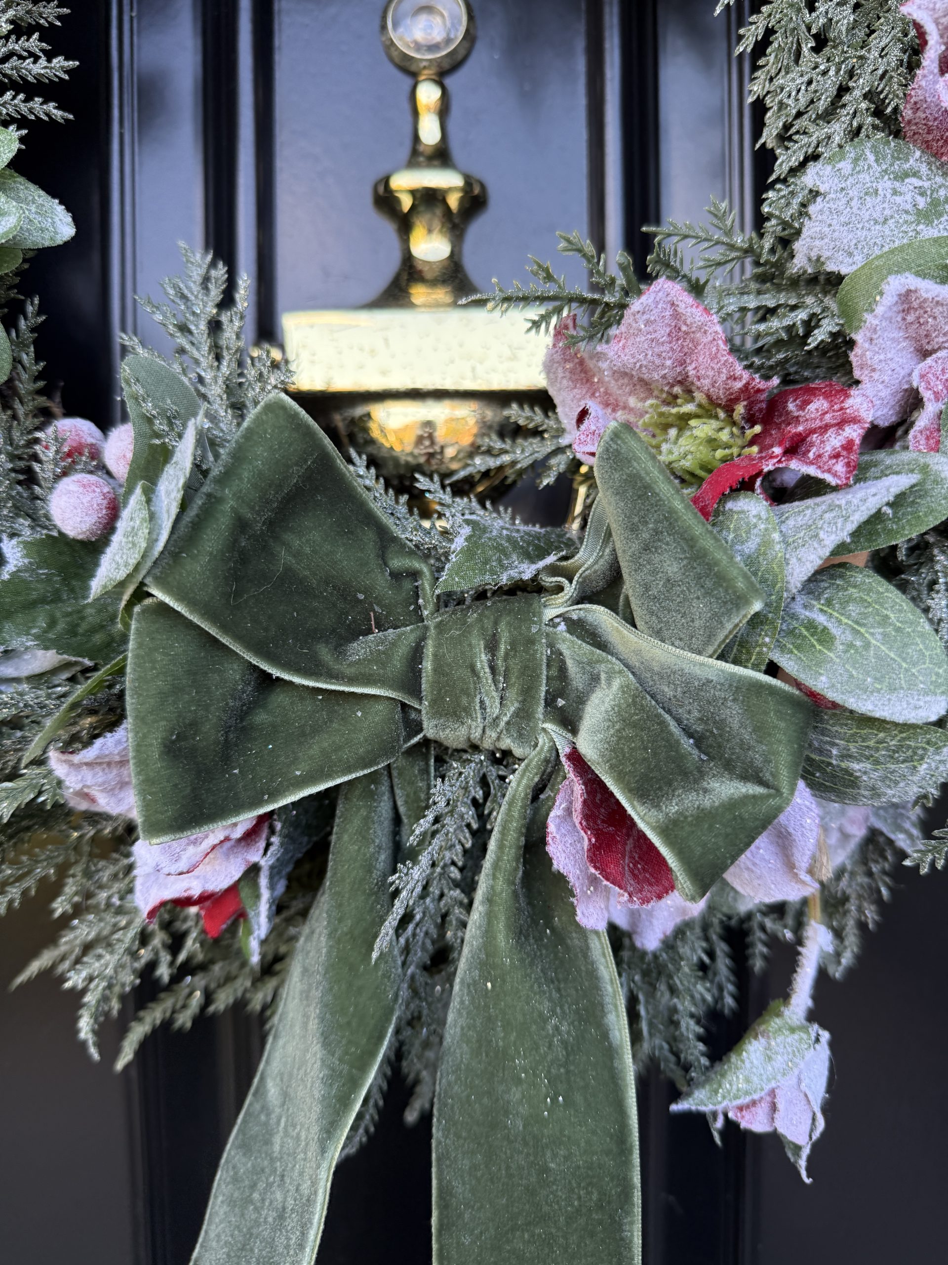 Frosted Christmas Artificial Red Hellebore Door Wreath - Image 4