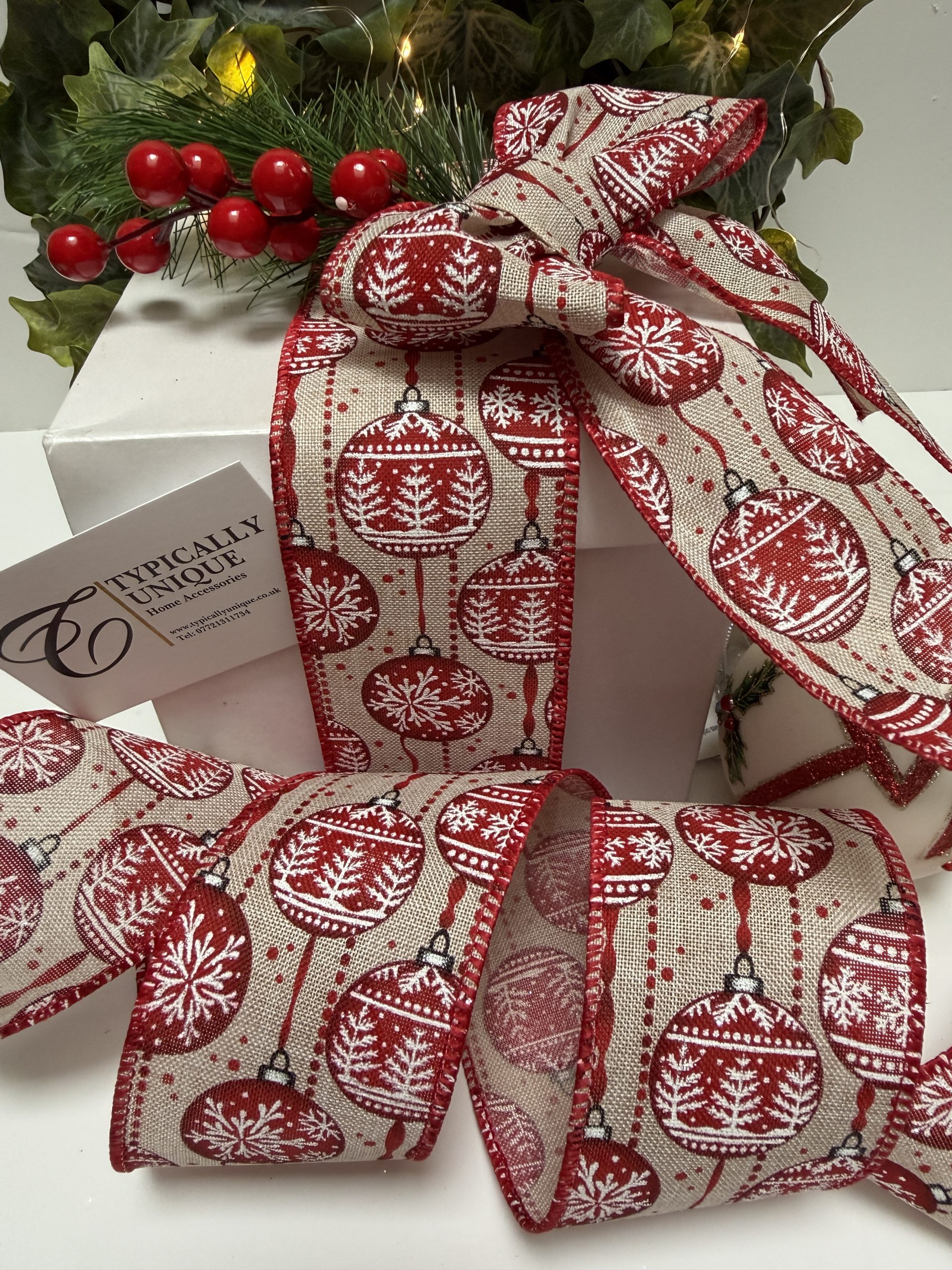 Christmas Ribbon Wire Edged 'Red Bauble' - Image 2