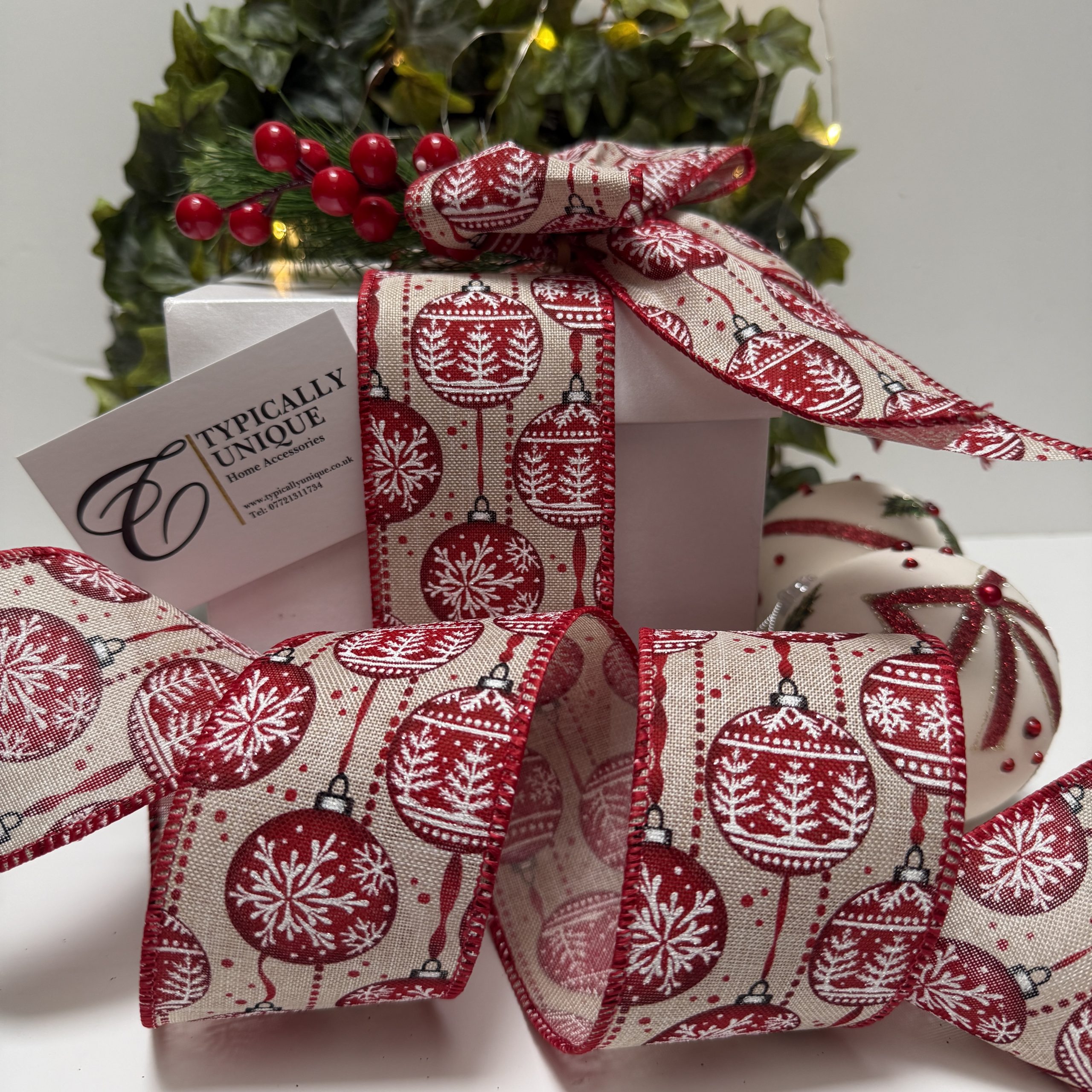 Christmas Ribbon Wire Edged 'Red Bauble' - Image 4