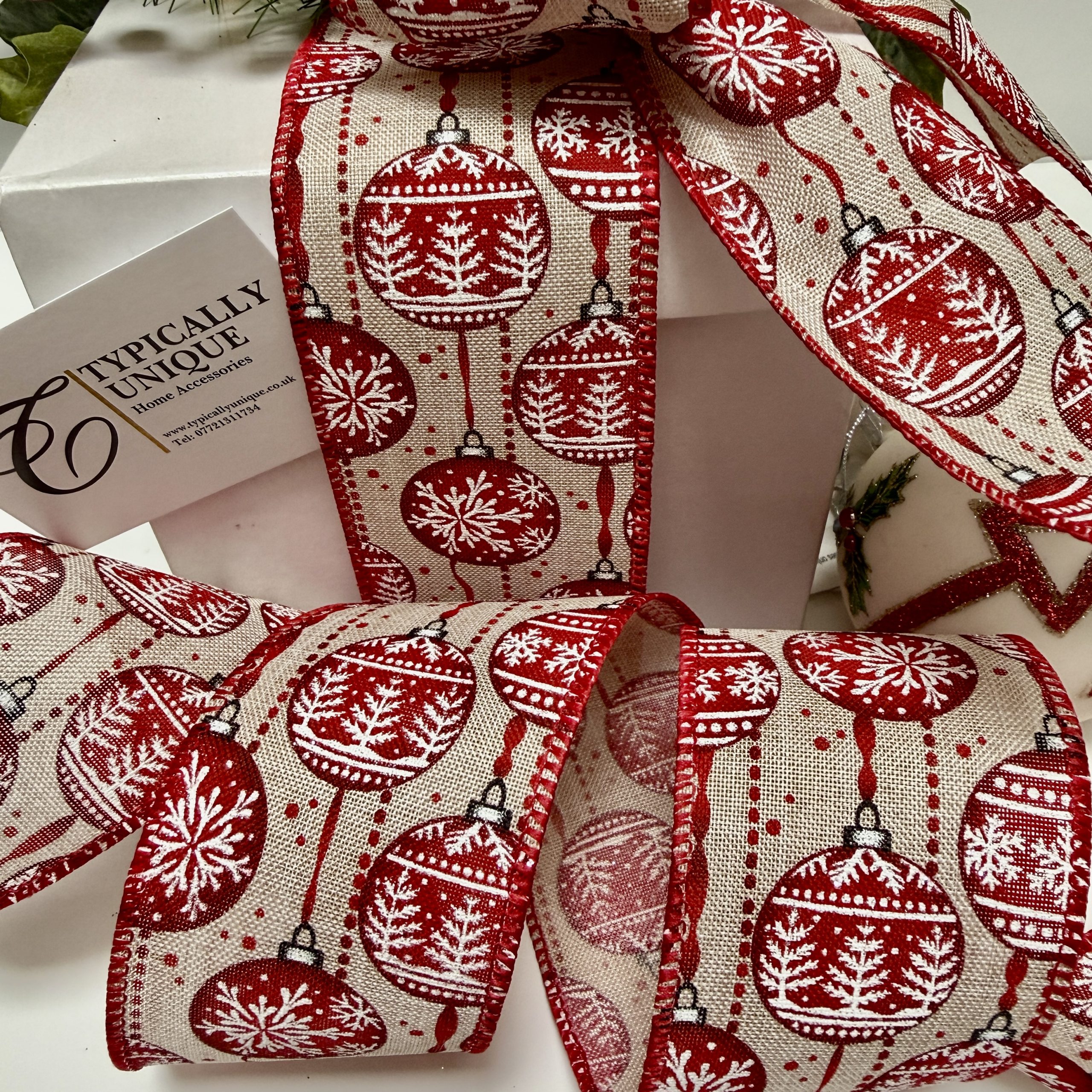 Christmas Ribbon Wire Edged 'Red Bauble' - Image 3