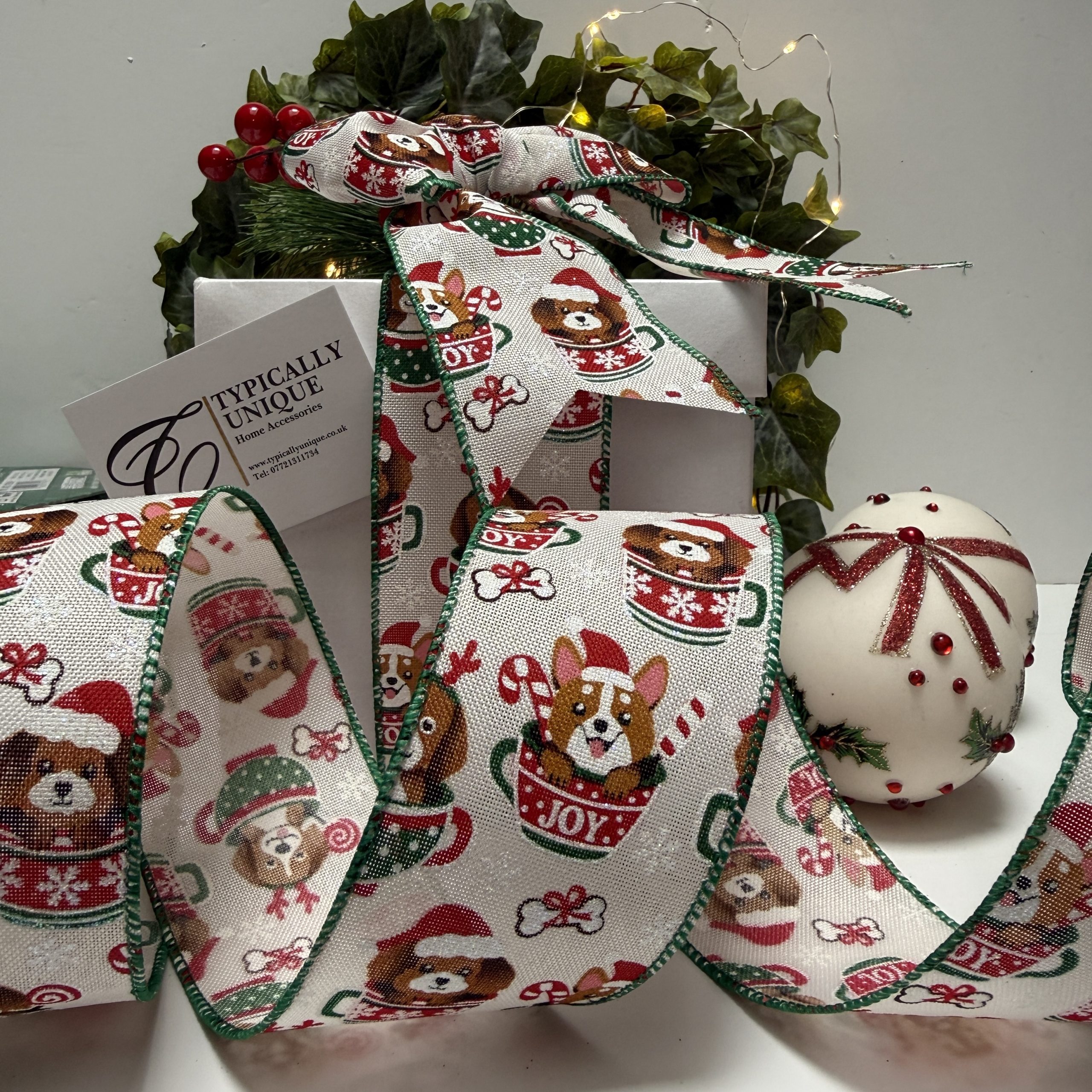 Novelty Dogs Corgi Christmas Ribbon Wire Edged 'Joy' - Image 2